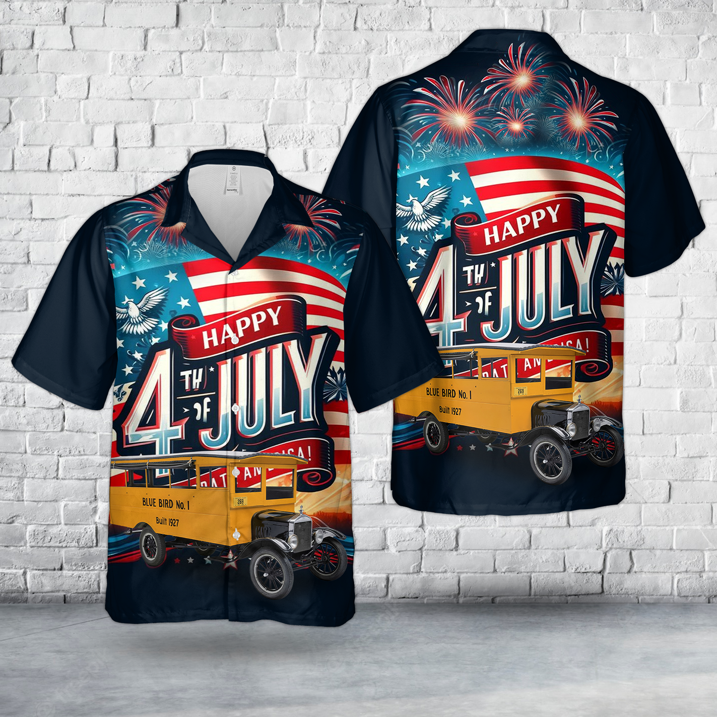 1927 "Blue Bird No. 1" School Bus, 4th Of July Hawaiian Shirt
