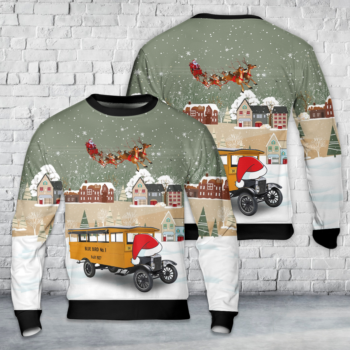1927 "Blue Bird No. 1" School Bus AOP Christmas Sweater