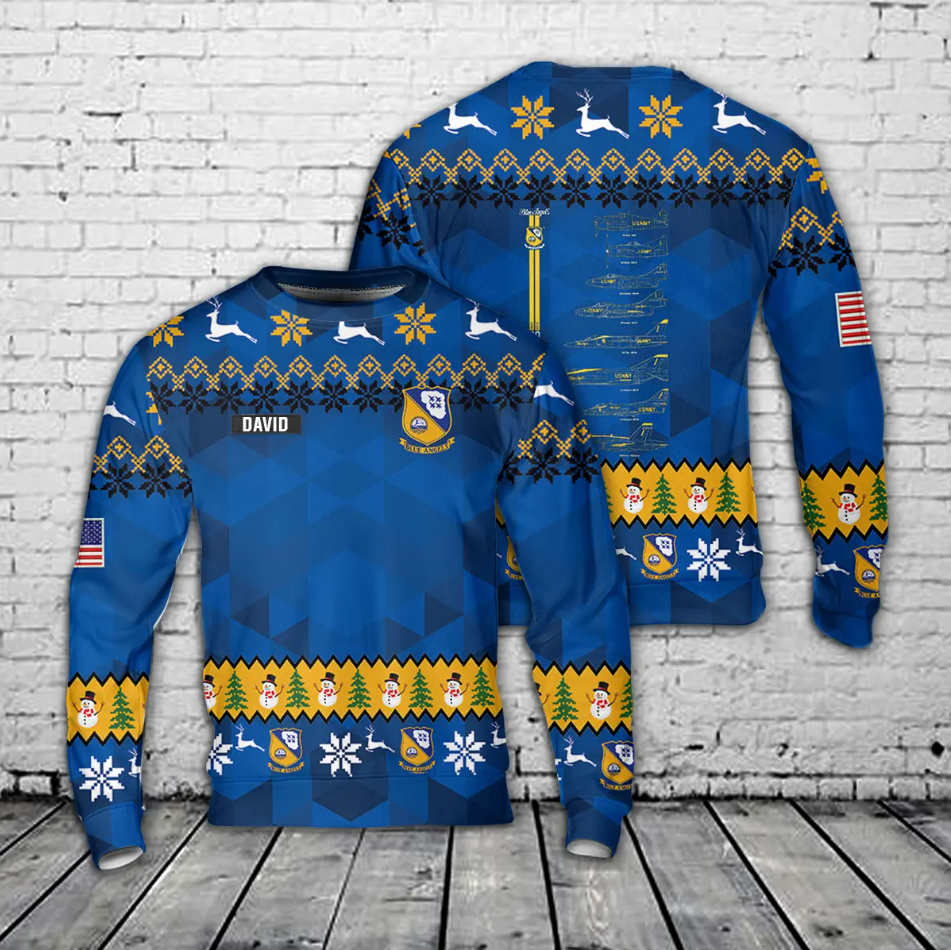Custom Name US Navy Blue Angels Chronology 70th Blue Print AOP Sweater