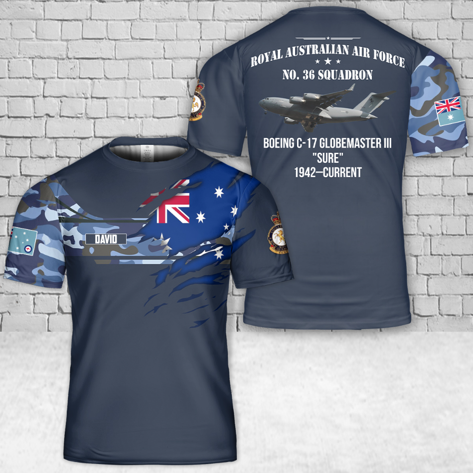 Custom Name Royal Australian Air Force No. 36 Squadron Boeing C-17 Globemaster III 3D T-Shirt