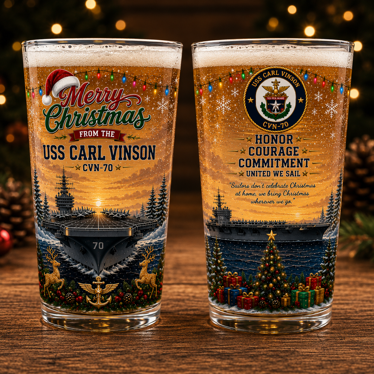 USS Carl Vinson (CVN-70) Merry Christmas 16oz Pint Beer Glass - US Navy Veteran Gift
