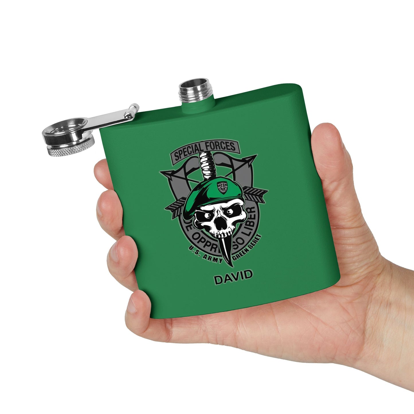 Custom Name US Army Green Beret Special Forces Stainless Steel Flask, 6oz