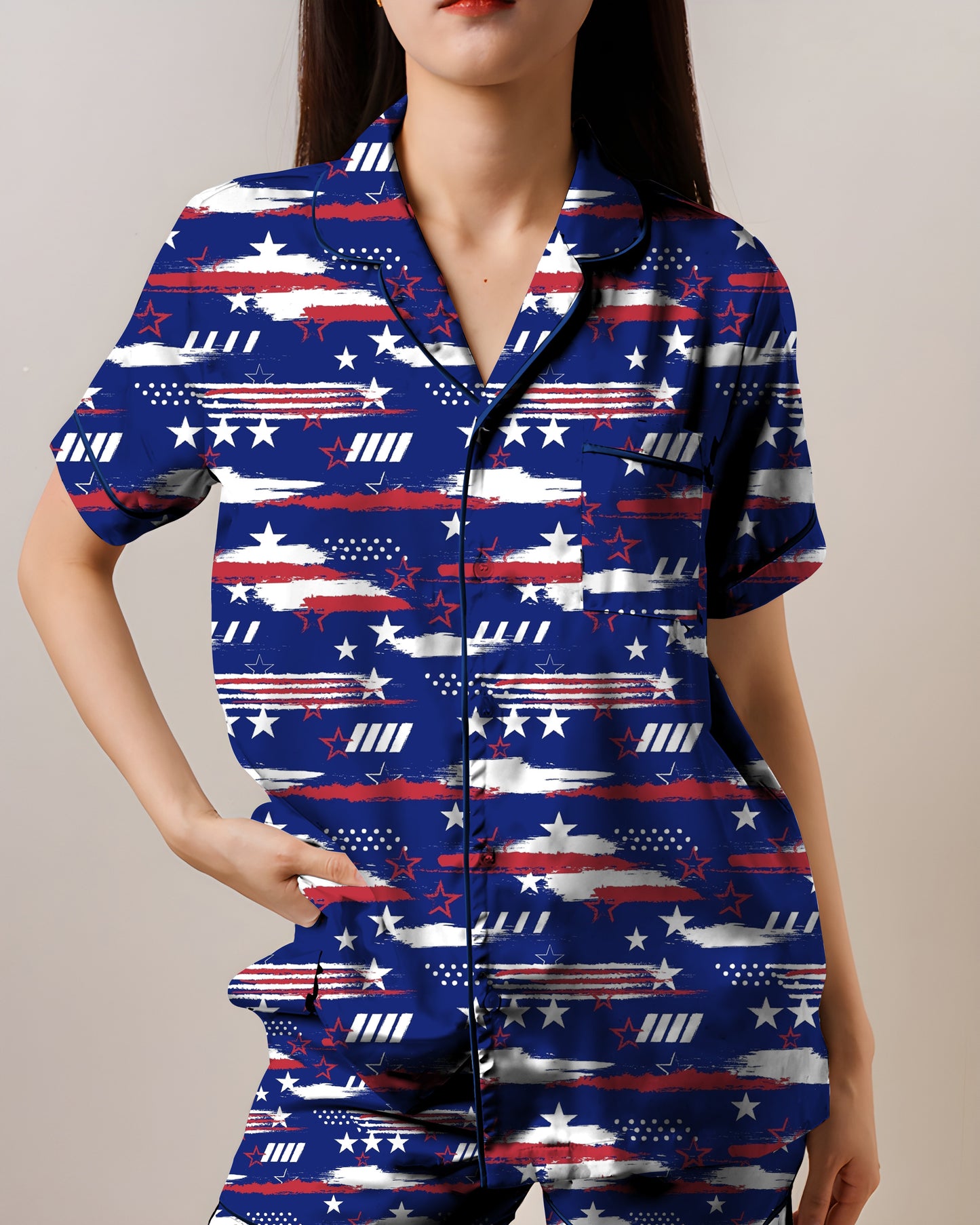 4th Of July AOP Satin Short-Sleeve Pajamas Set