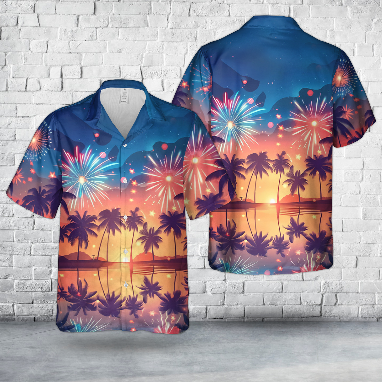 4th Of July Beach Party With Fireworks Over Palm Trees And The Ocean Hawaiian Shirt