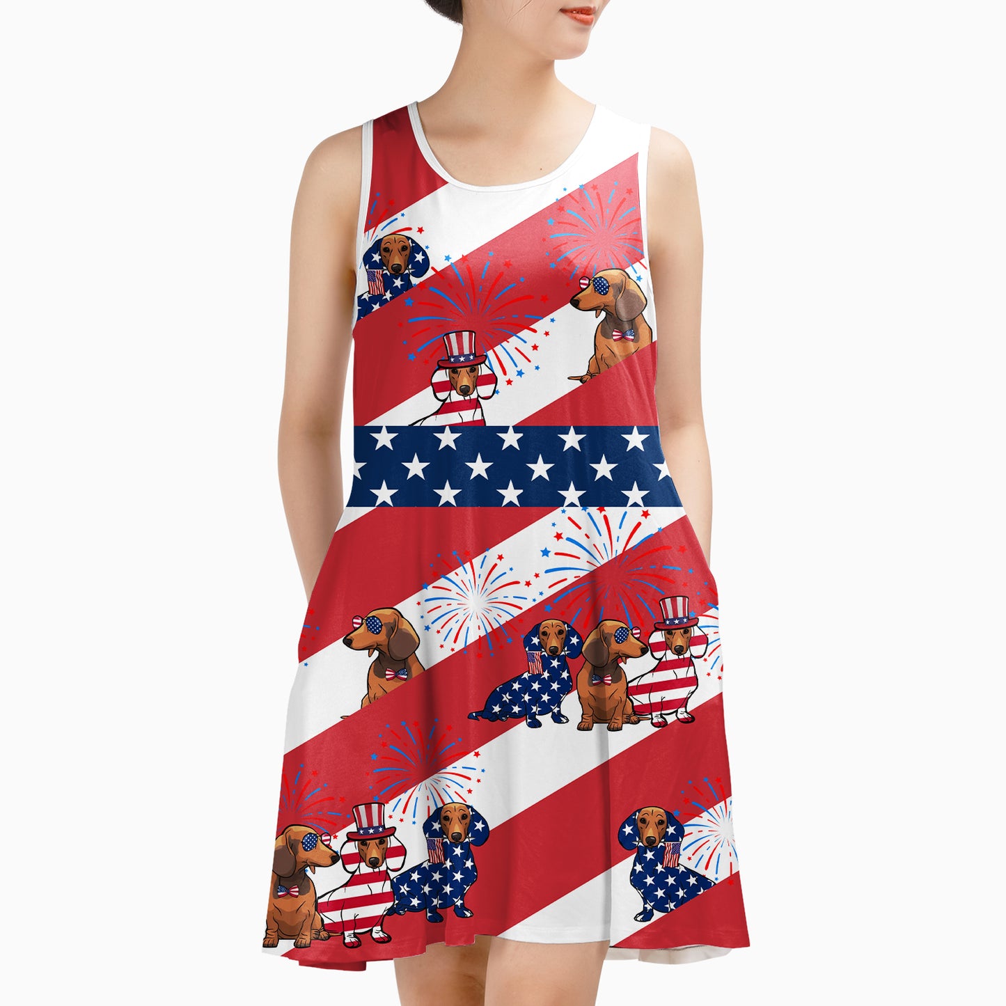 4th Of July Three Dachshund Dog AOP Sleeveless Dress