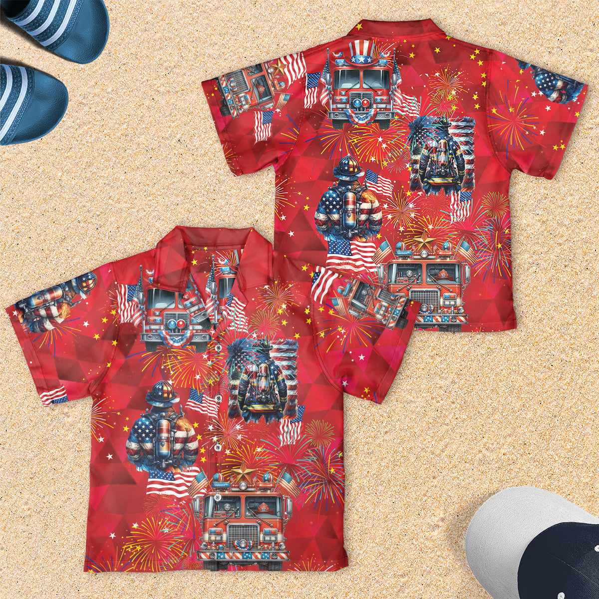 4th Of July Fire Truck Firefighter Youth Short-sleeve Hawaiian Shirt