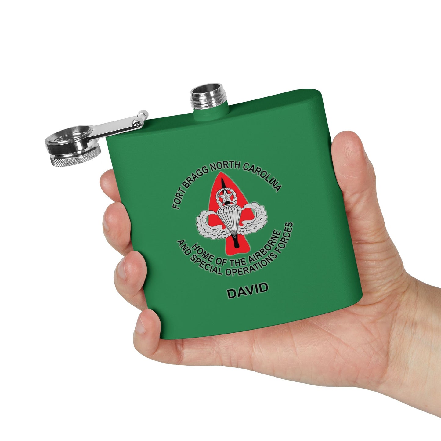 Custom Name Fort Bragg Home Of The Airborne And Special Operations Forces Stainless Steel Flask, 6oz