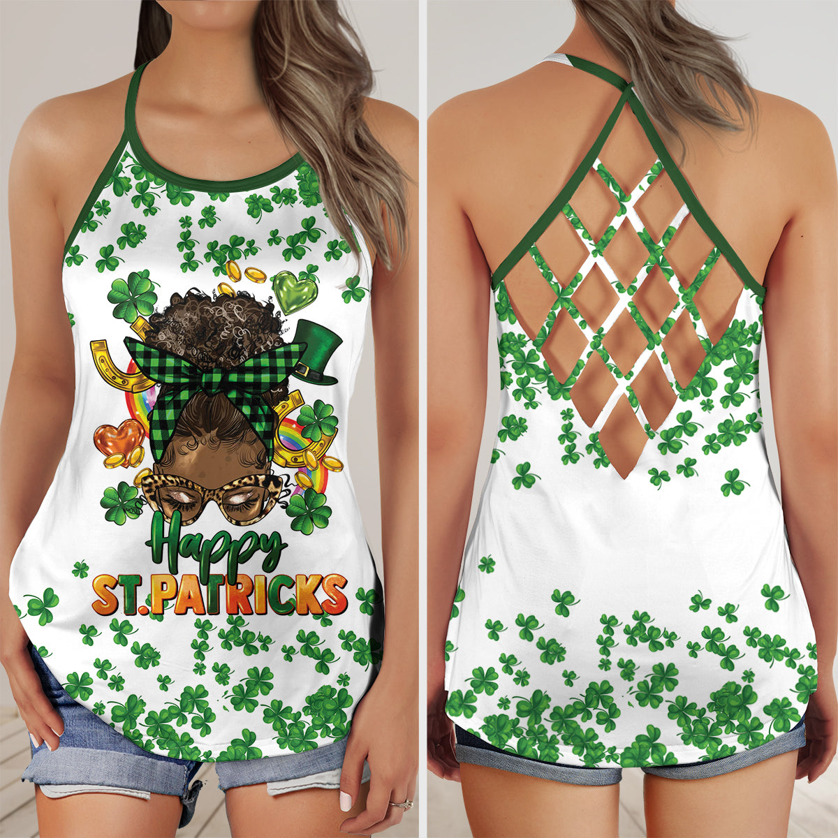 Afro messy bun St. Patrick's Day Criss Cross Open Back Tank Top