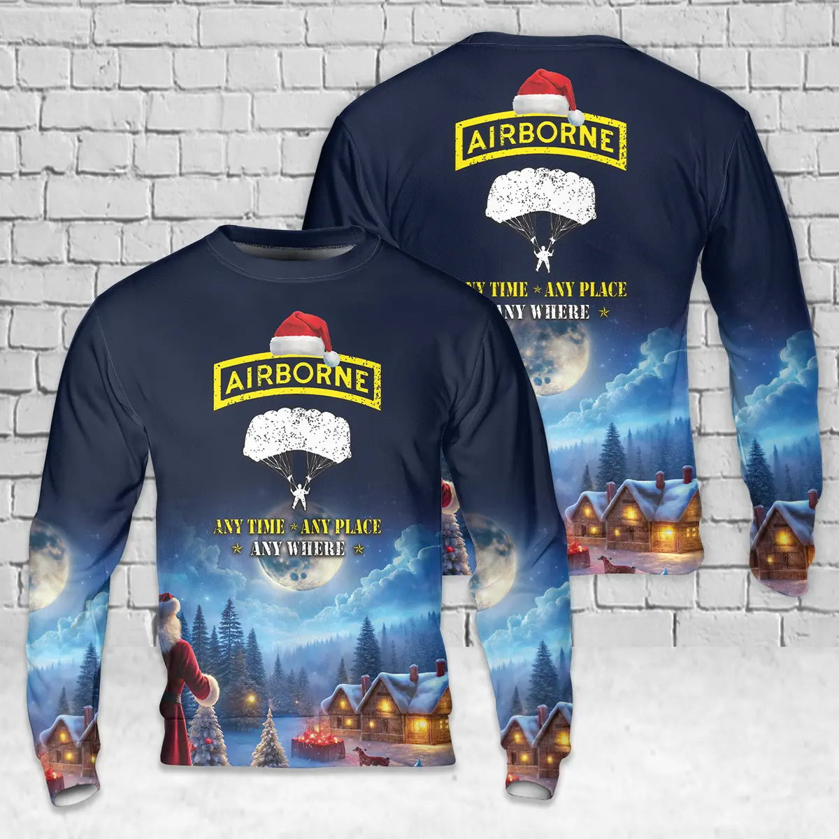 Airborne Paratrooper Airborne Anytime Anyplace Anywhere - 82nd Airborne Paratrooper Veteran AOP Christmas Sweater