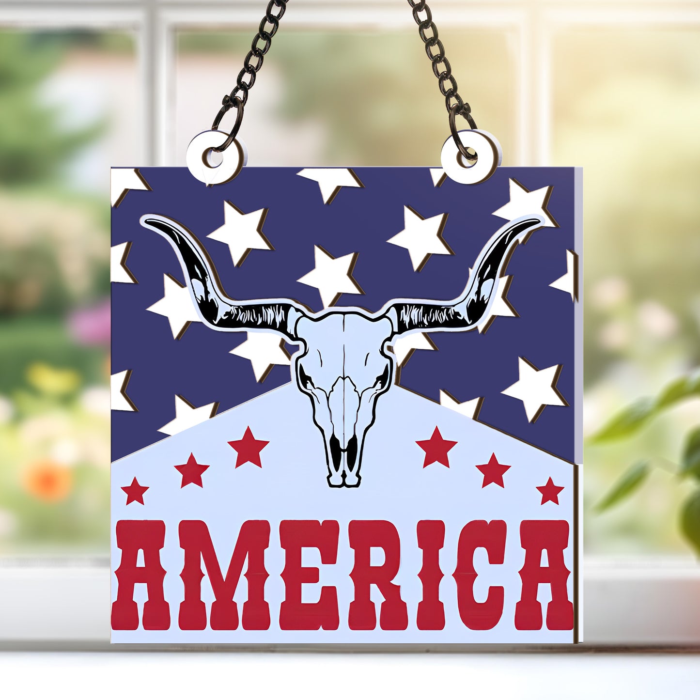 America Longhorn 4th of July Patriotic Custom Shape Window Hanging Suncatcher