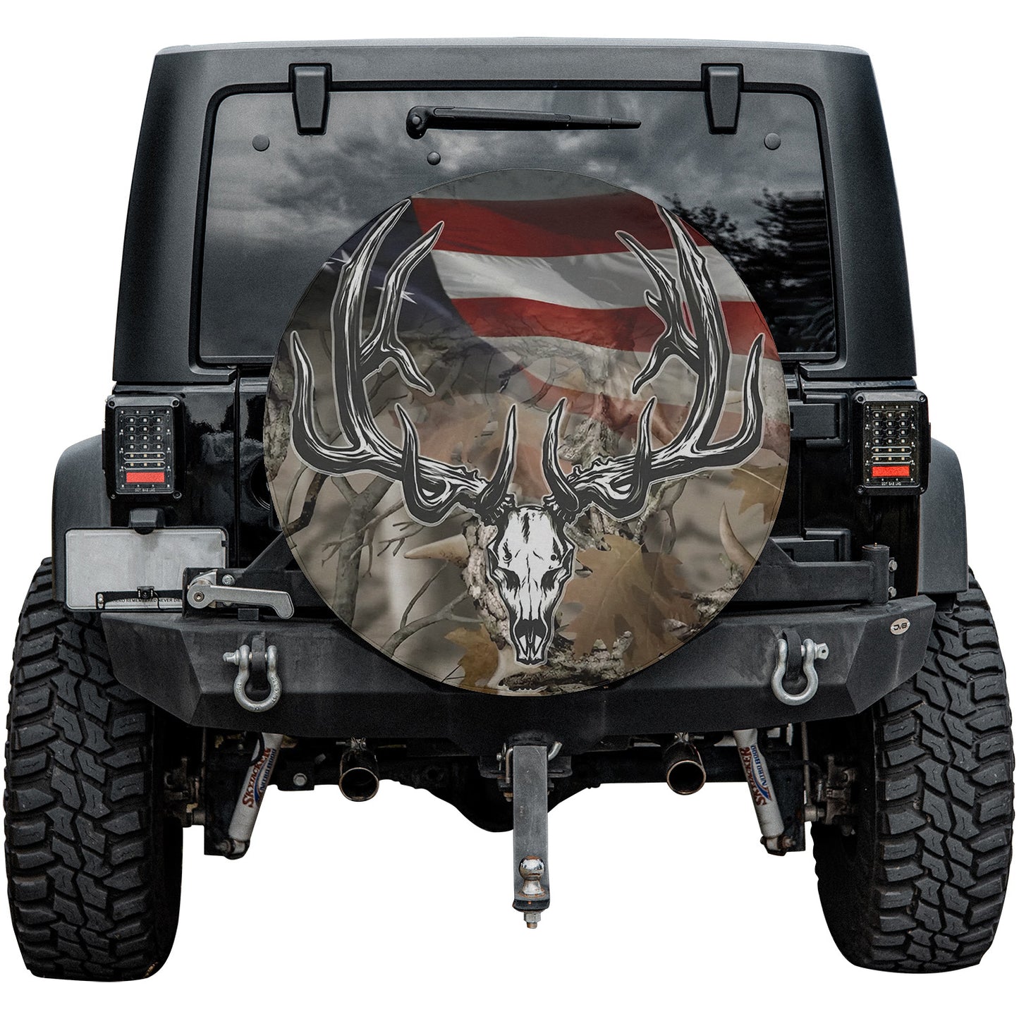 American Flag Deer Buck Doe Whitetail Skull Bone Camouflage Spare Tire Cover