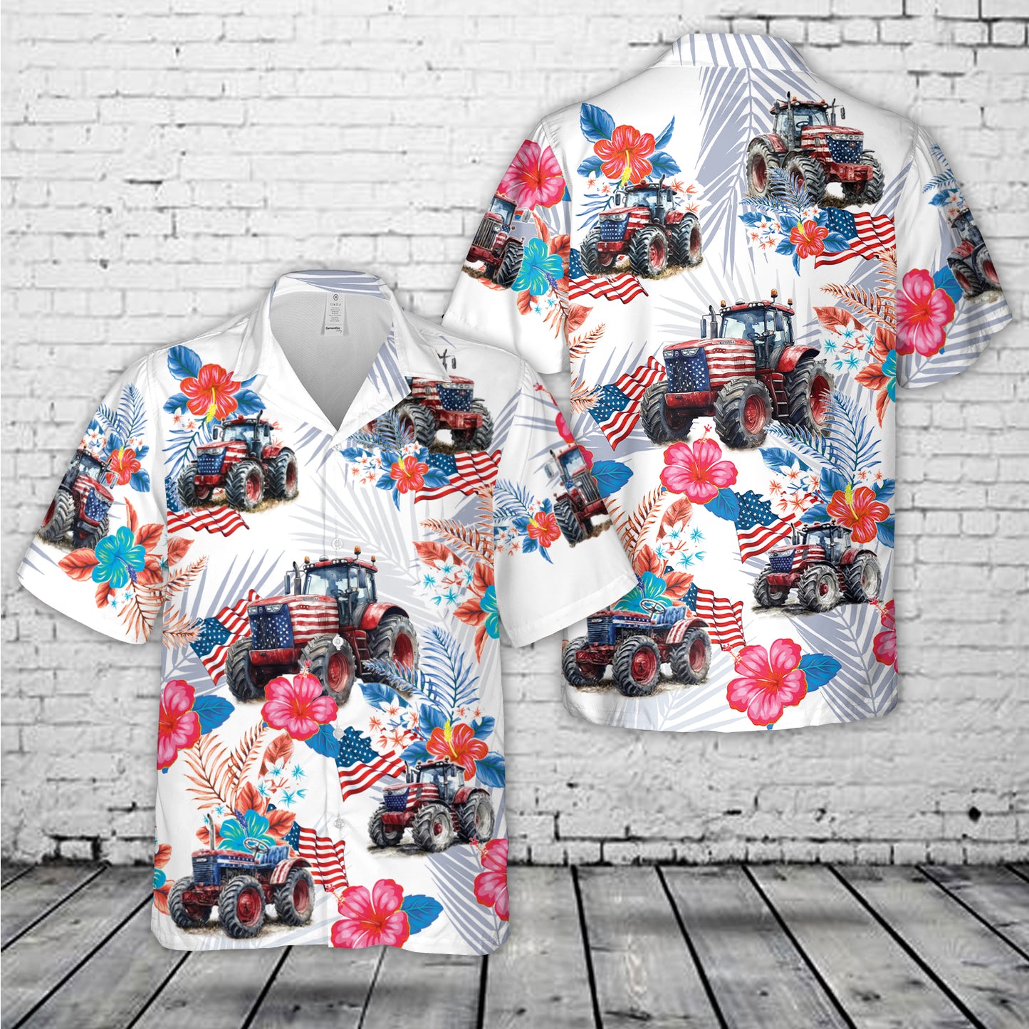 American Flag Farm Tractors for 4th Of July Hawaiian Shirt
