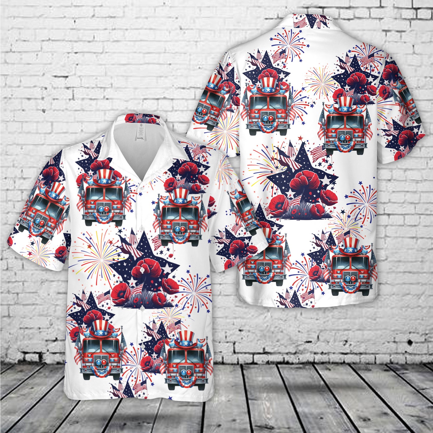 American Flag Flower Patriotic Fire Trucks, 4th Of July Hawaiian Shirt