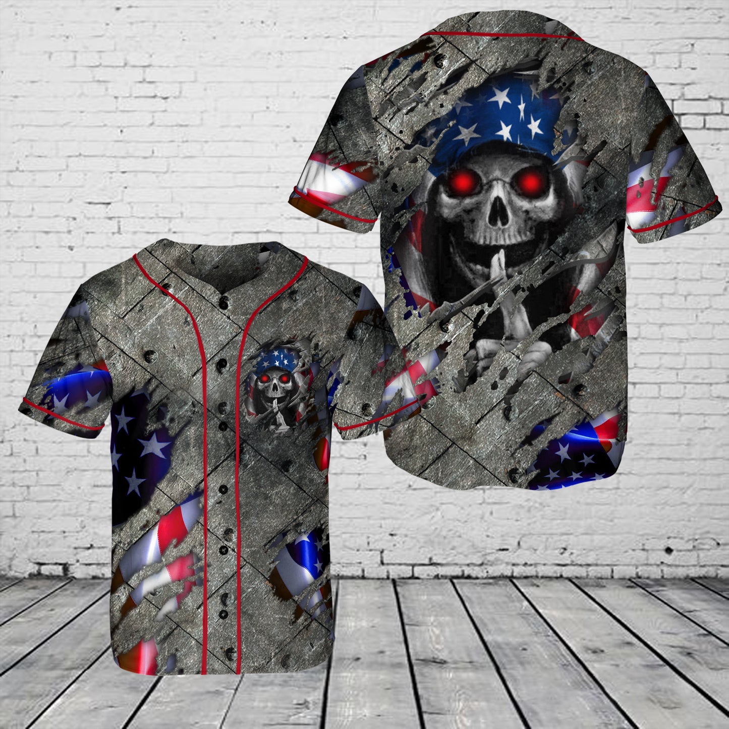 American Flag Grim Reaper Shh Red Eyes Skull Baseball Jersey