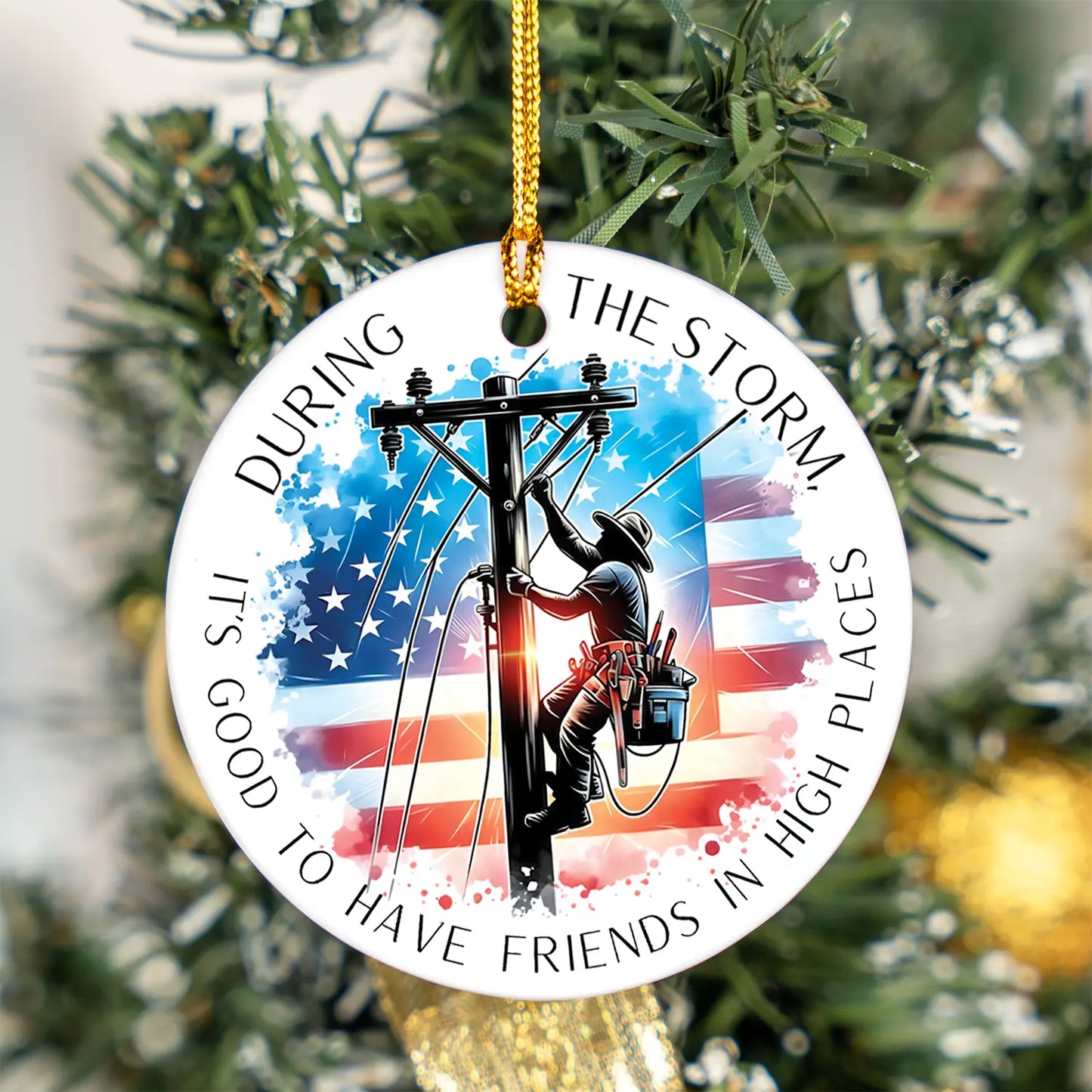 American Flag Power Pole Hurricane Milton Lineman Support Ceramic Ornament