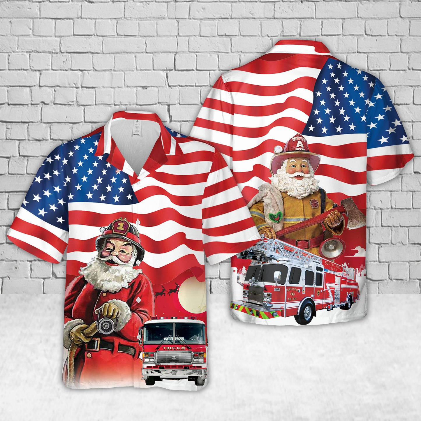 American Flag With Firefighter Fire Truck Christmas Hawaiian Shirt