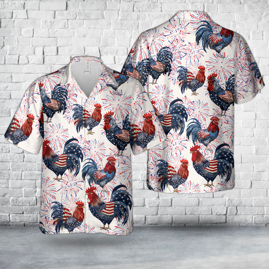 American Themed Rooster in Red, White and Blue Colors of the American Flag, 4th Of July Hawaiian Shirt