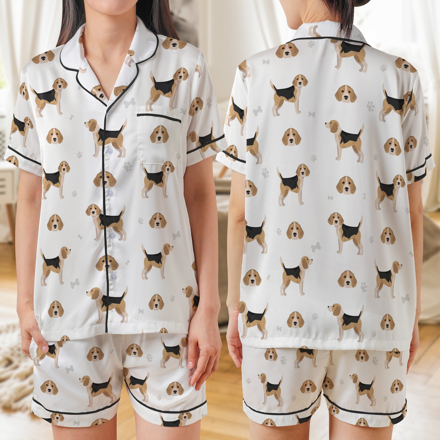 Beagle Dog Seamless AOP Satin Short-Sleeve Pajamas Set