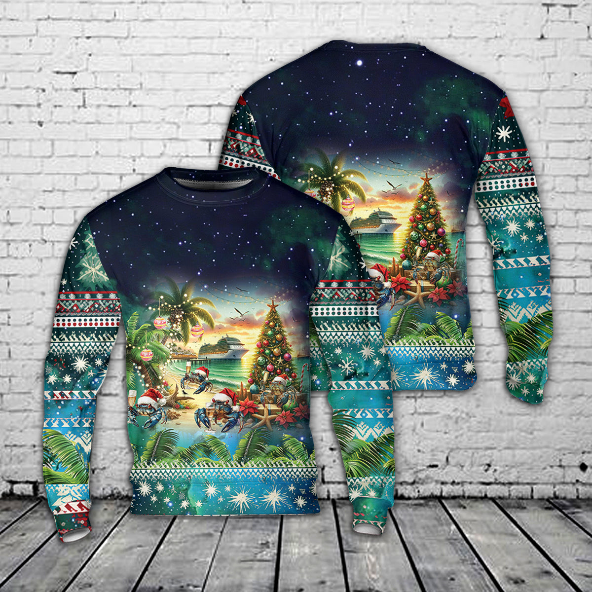 Blue Crab with Long Eyelashes Holding a Champagne Christmas AOP Sweater