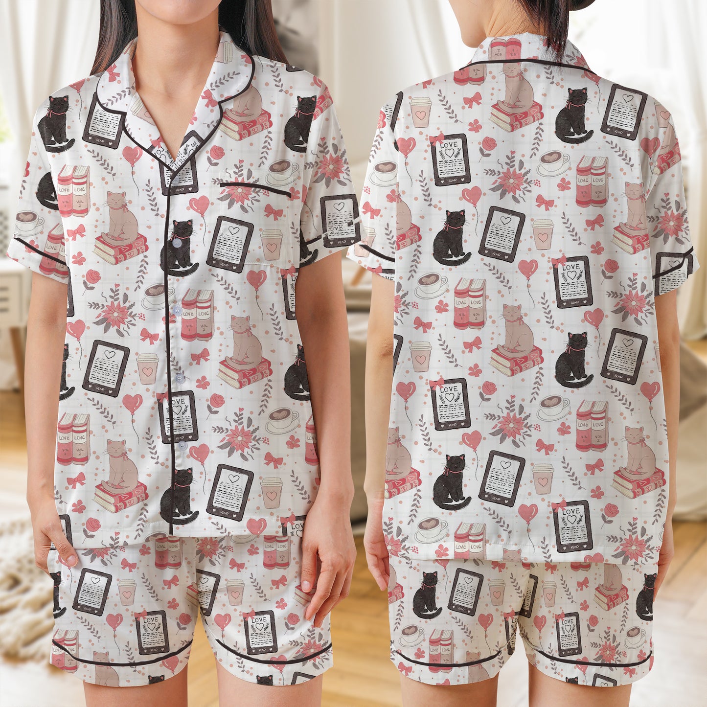 Bookish Cats E-Reader Seamless AOP Satin Short-Sleeve Pajamas Set