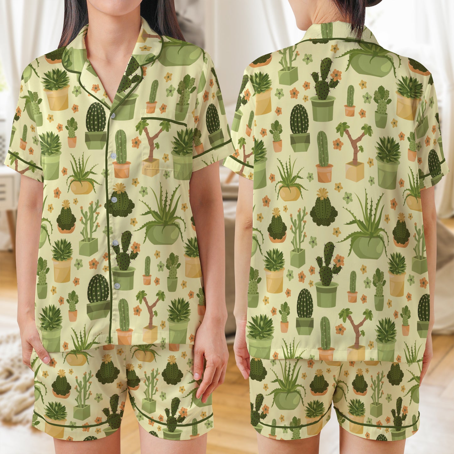 Cactuses And Succulents Seamless Pattern AOP Satin Short-Sleeve Pajamas Set