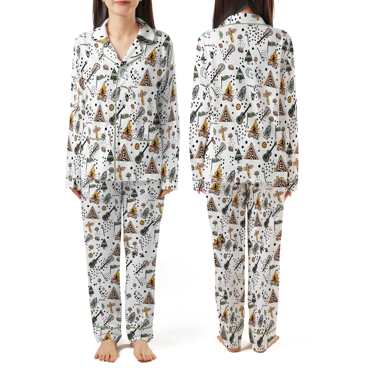 Camping AOP Piping Pajamas Set with Double Pockets