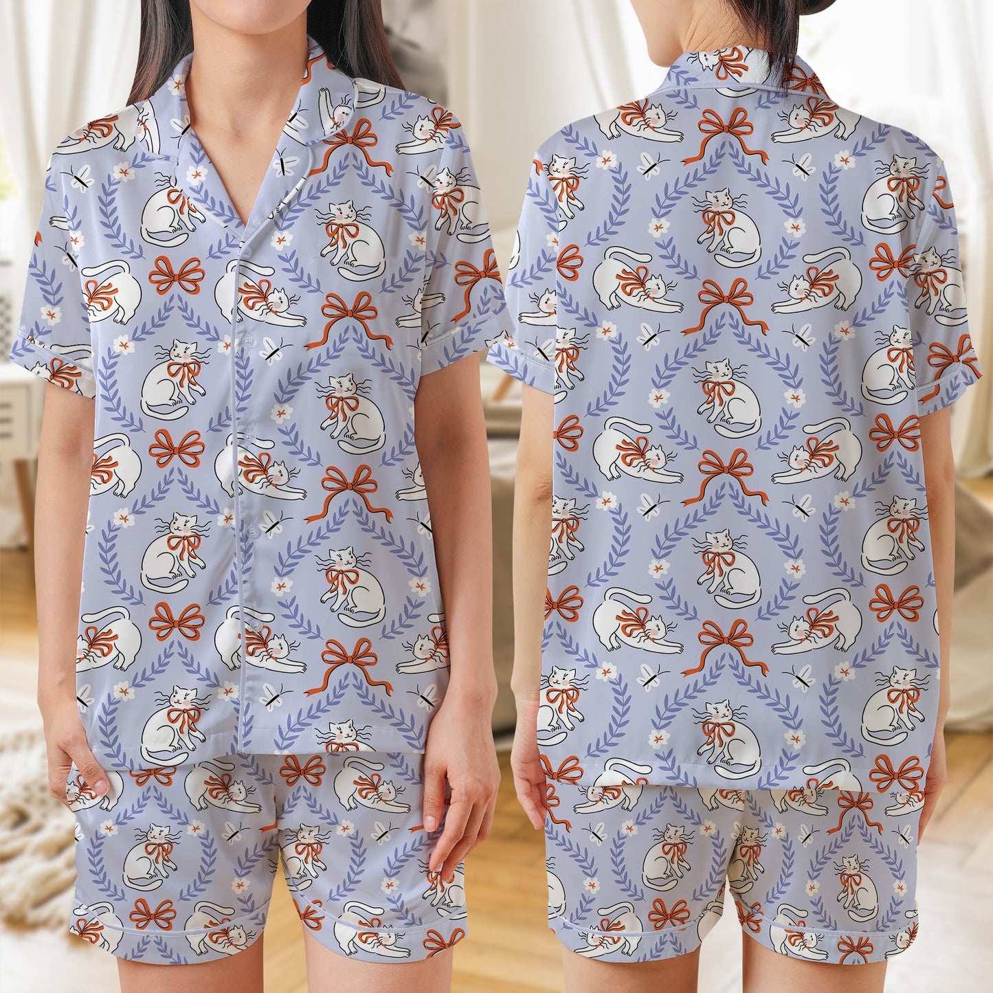 Cat Cute AOP Satin Short-Sleeve Pajamas Set