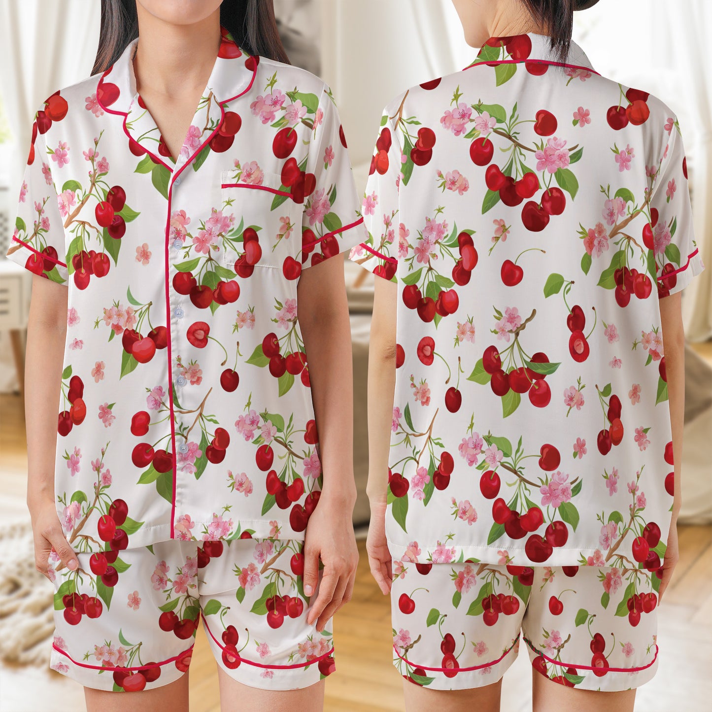 Cherry Berry Flower AOP Satin Short-Sleeve Pajamas Set