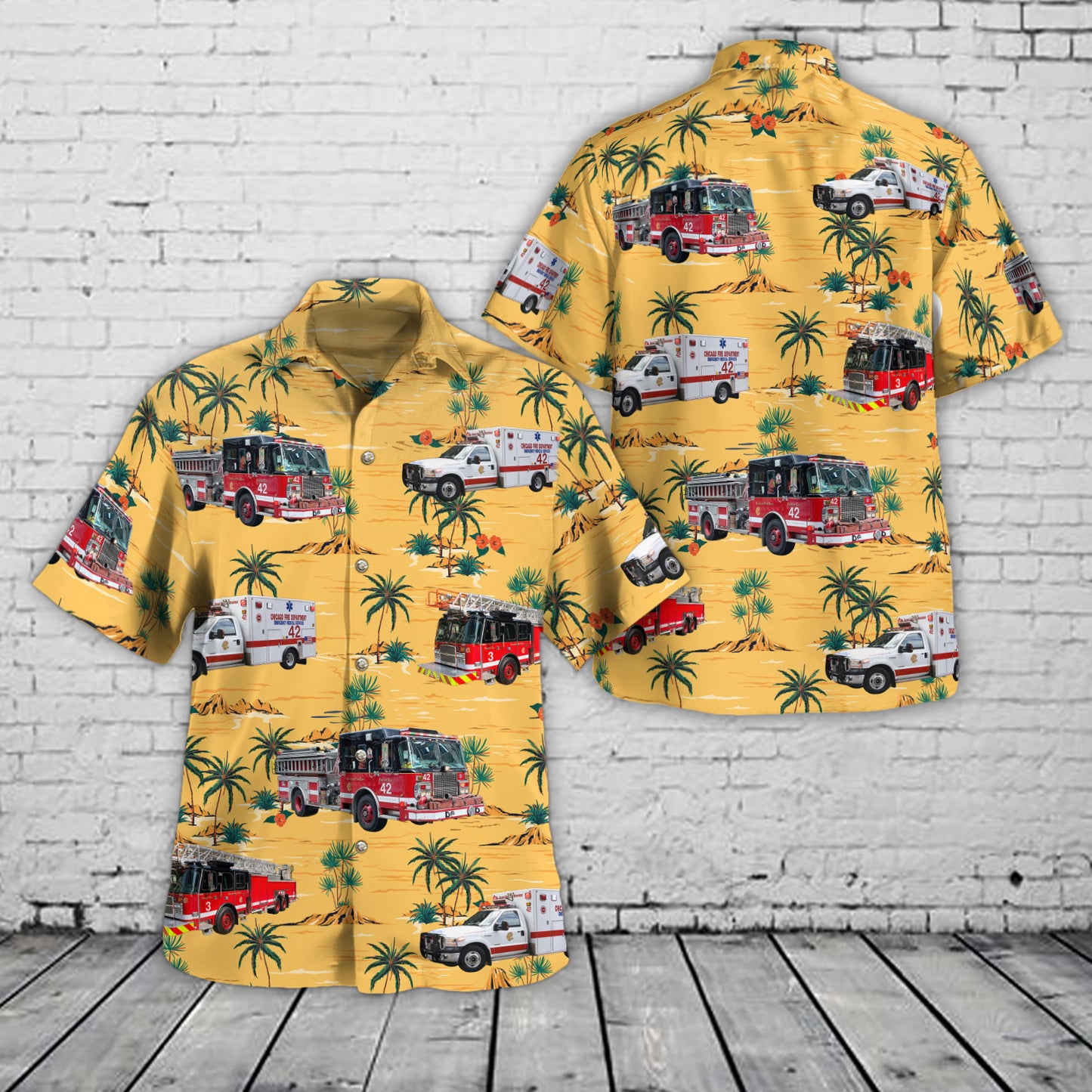 Chicago, IL, Chicago Fire Department Engine 42 Truck 3 Ambulances 42-93 Hawaiian Shirt
