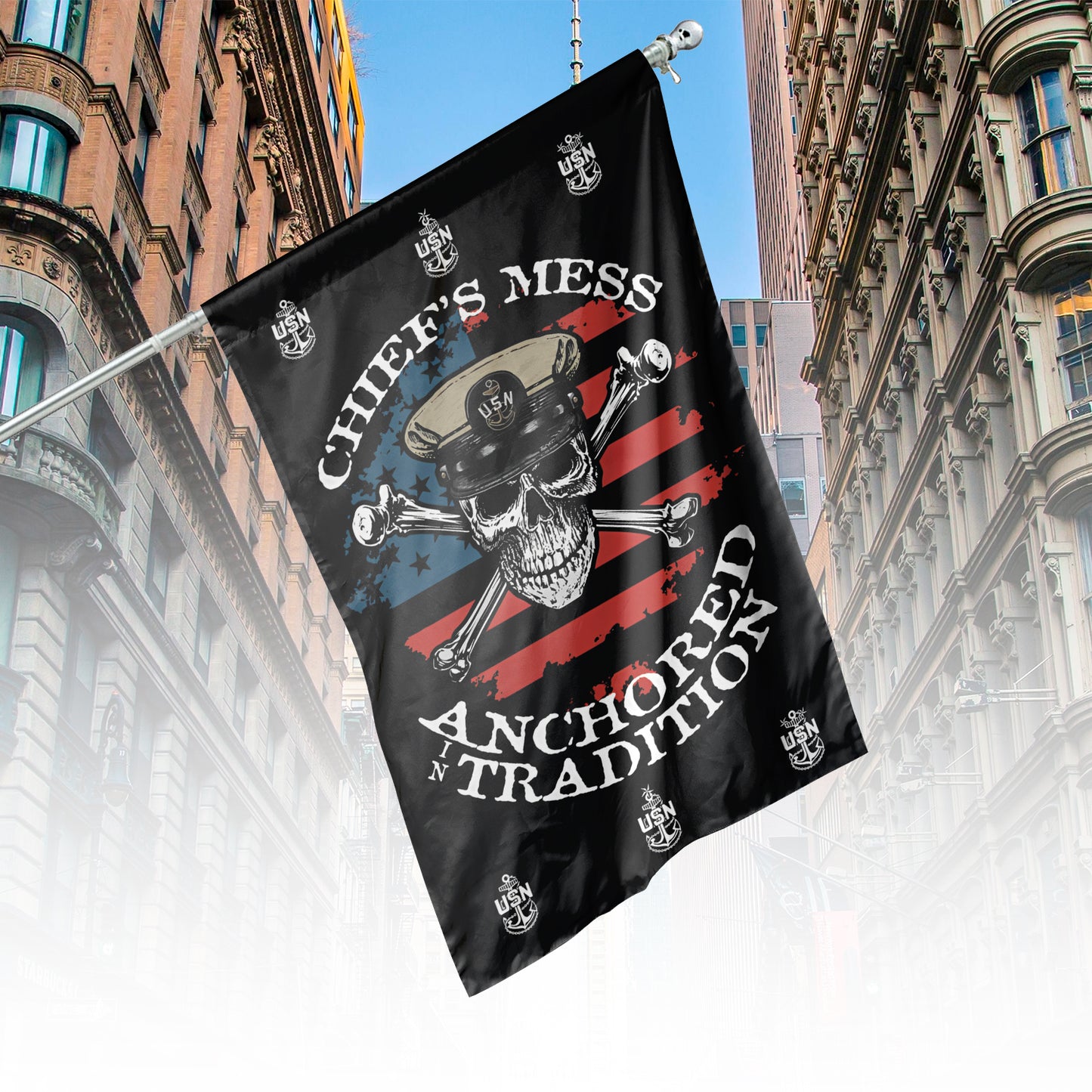 Chief's Mess Anchored Tradition CPO Sailor Skull's with Distressed USA Flag Vertical House Flag