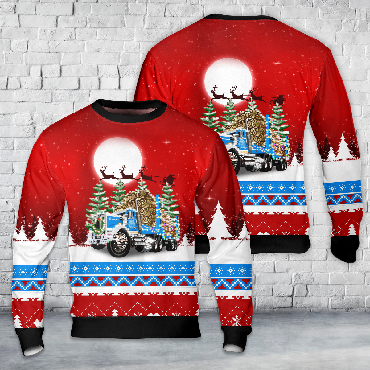 Christmas Log Truck with Trees and Lights Christmas AOP Sweater