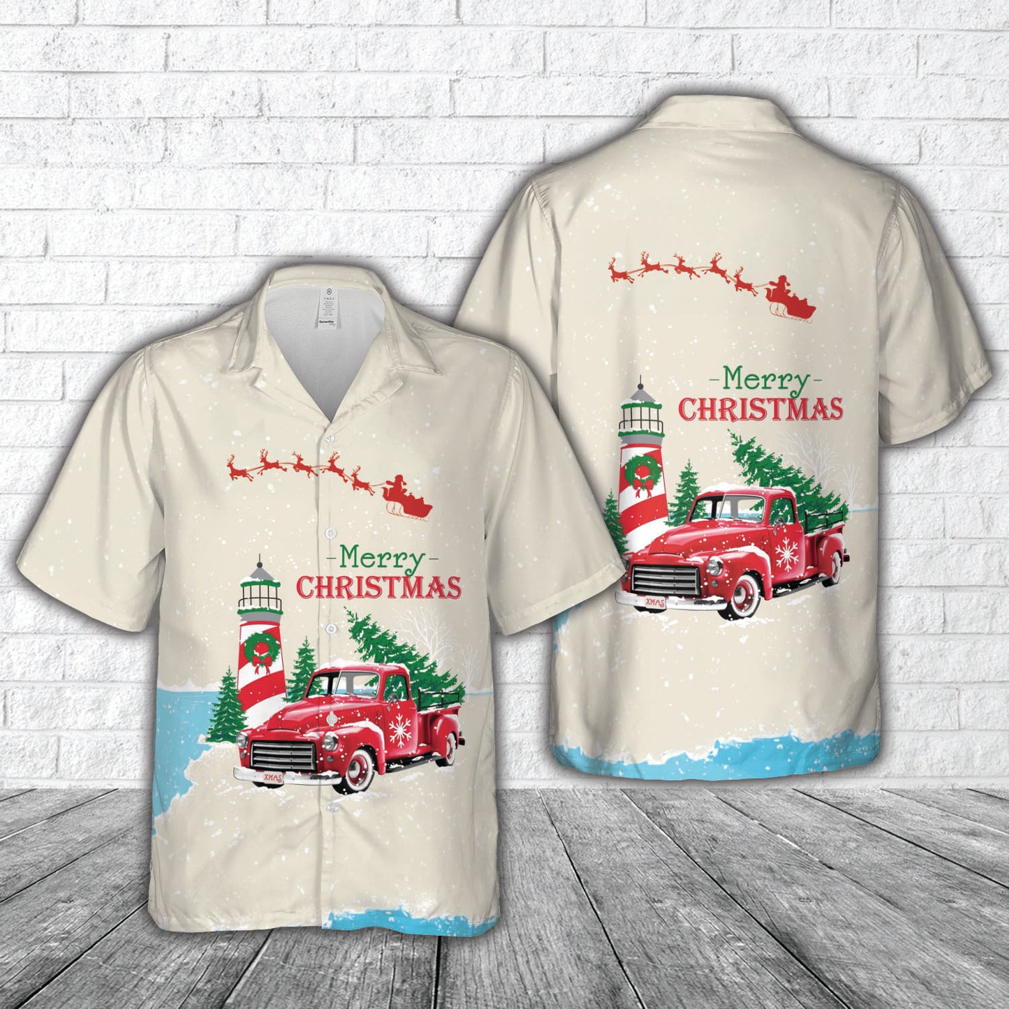 Christmas Vintage Red Truck with Lighthouse, and Pine tree Hawaiian Shirt
