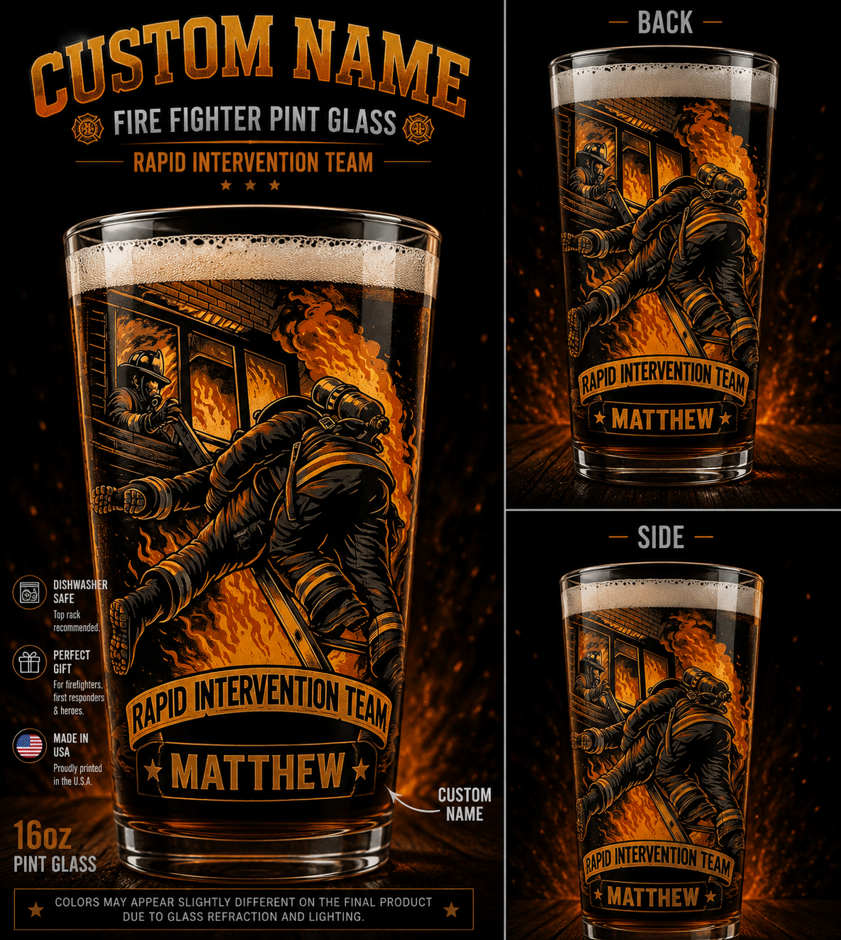 Custom Name Rapid Intervention Team Firefighter Pint Glass