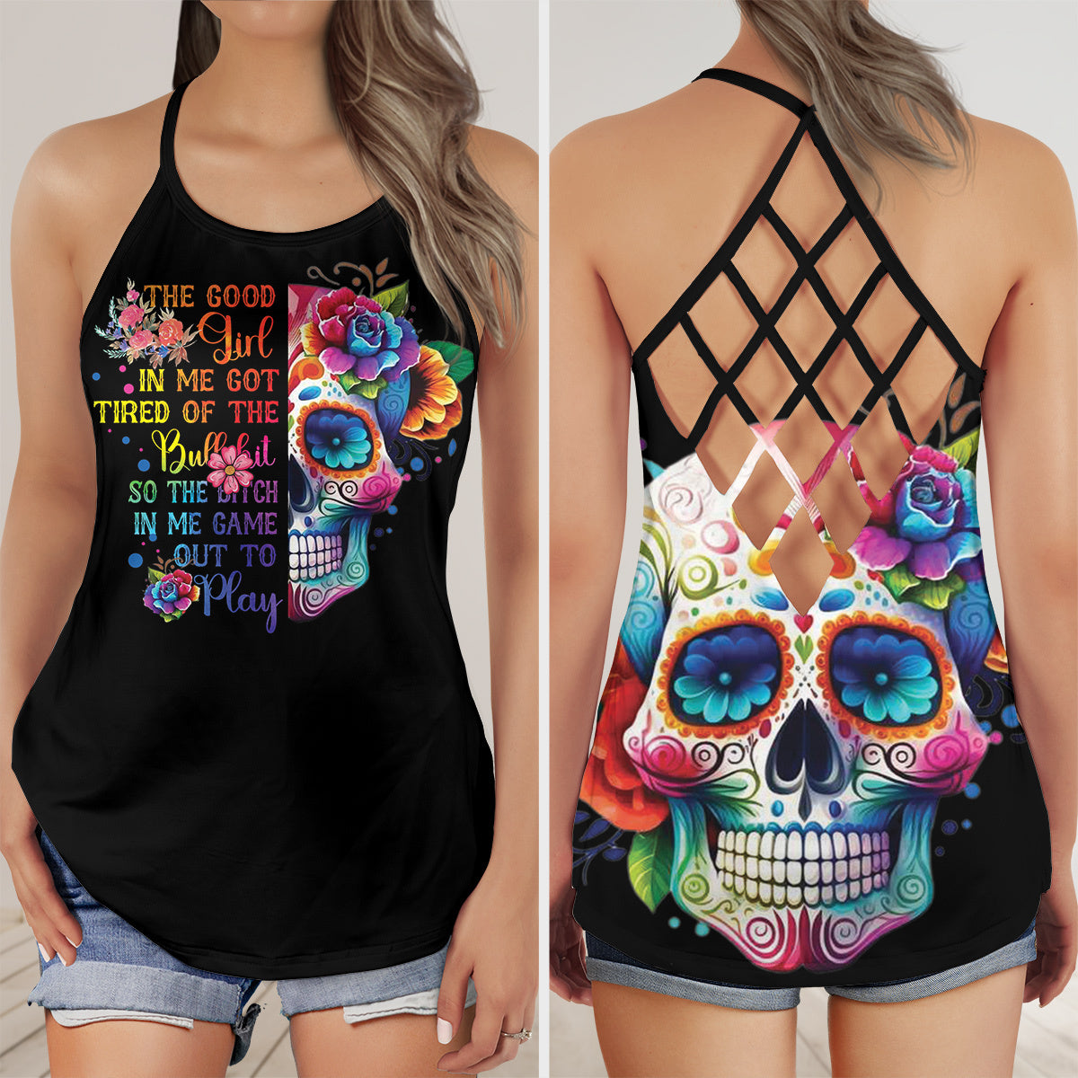 Colorful Sugar Skull Girl Criss Cross Open Back Tank Top