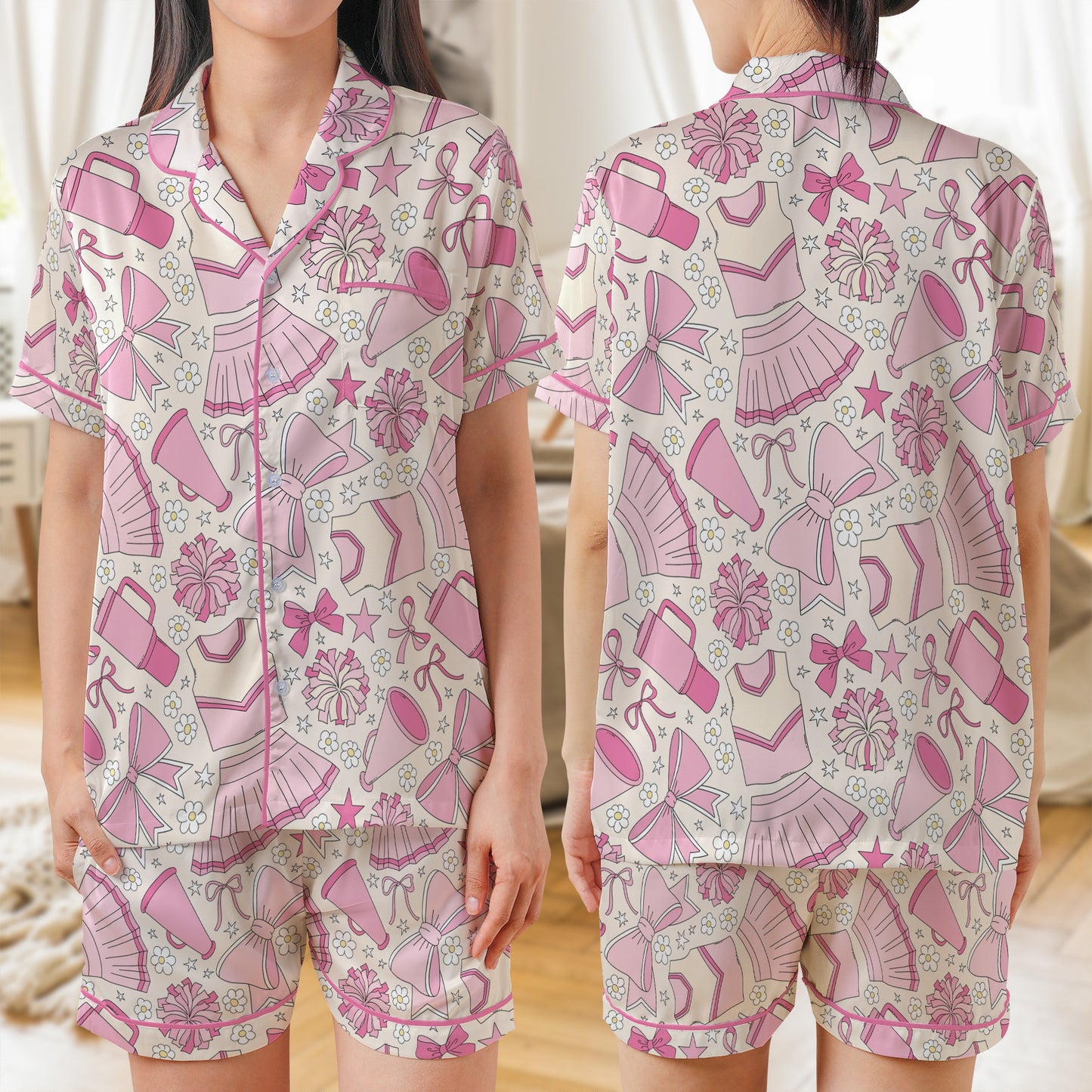 Coquette Pink Girlie Cheerleading Cheerleader Team AOP Satin Short-Sleeve Pajamas Set