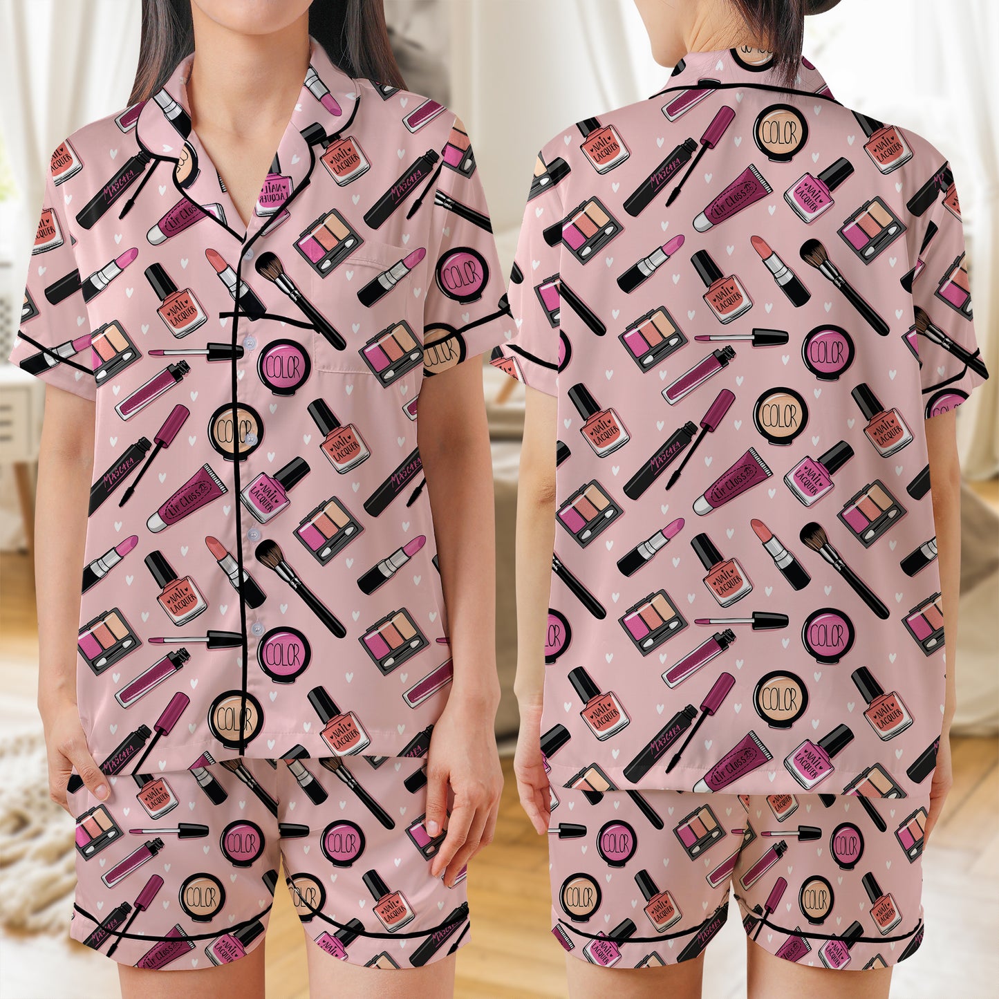 Cosmetics Seamless AOP Satin Short-Sleeve Pajamas Set