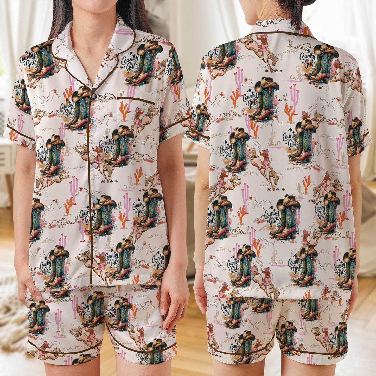 Country Girl AOP Satin Short-Sleeve Pajamas Set