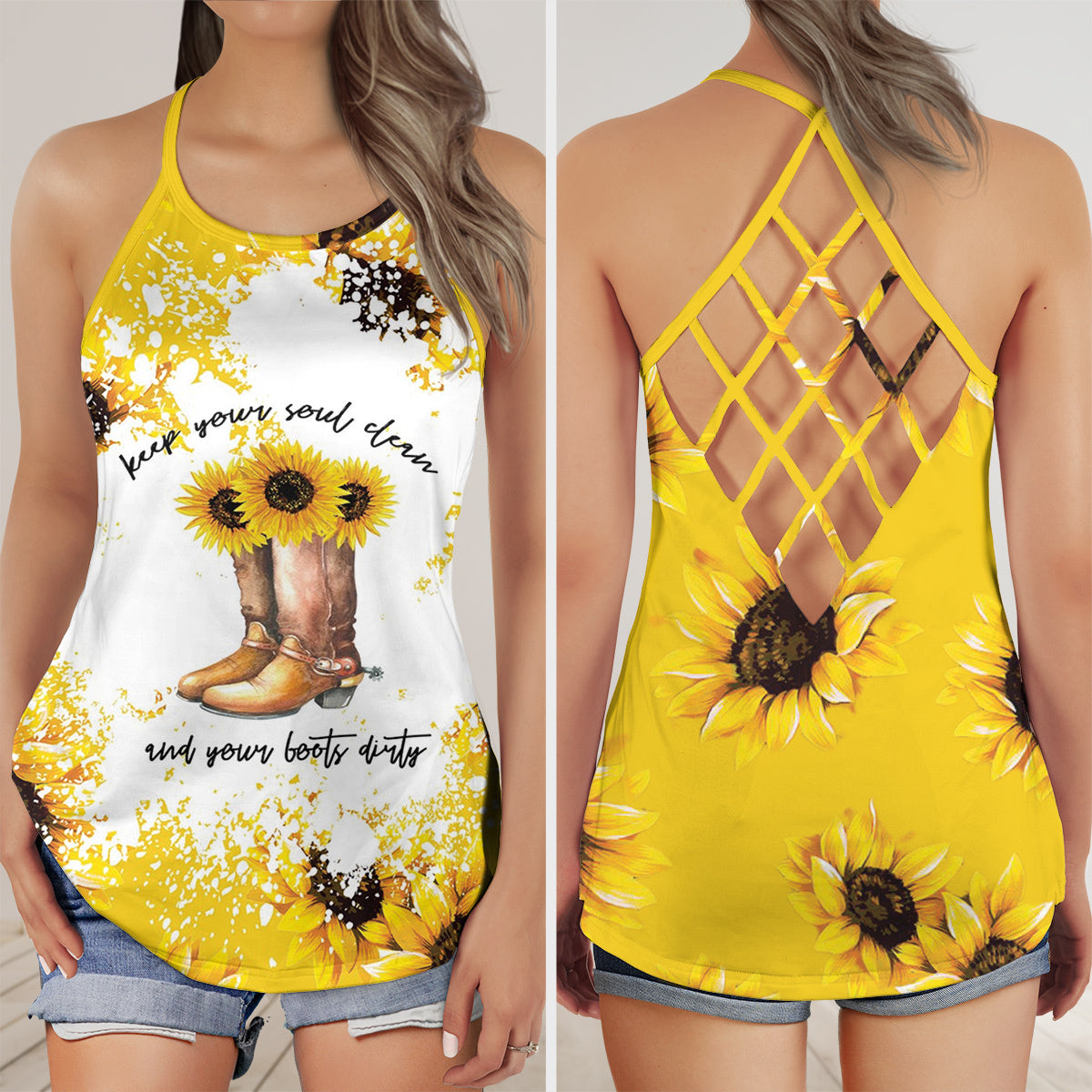 Cowgirl Boots With Sunflowers Criss Cross Open Back Tank Top