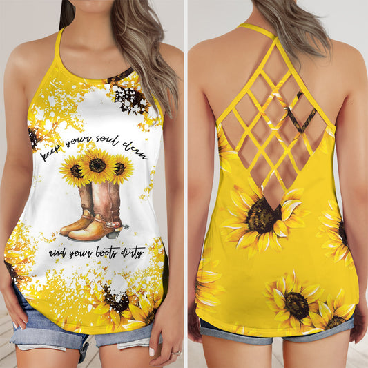 Cowgirl Boots With Sunflowers Criss Cross Open Back Tank Top