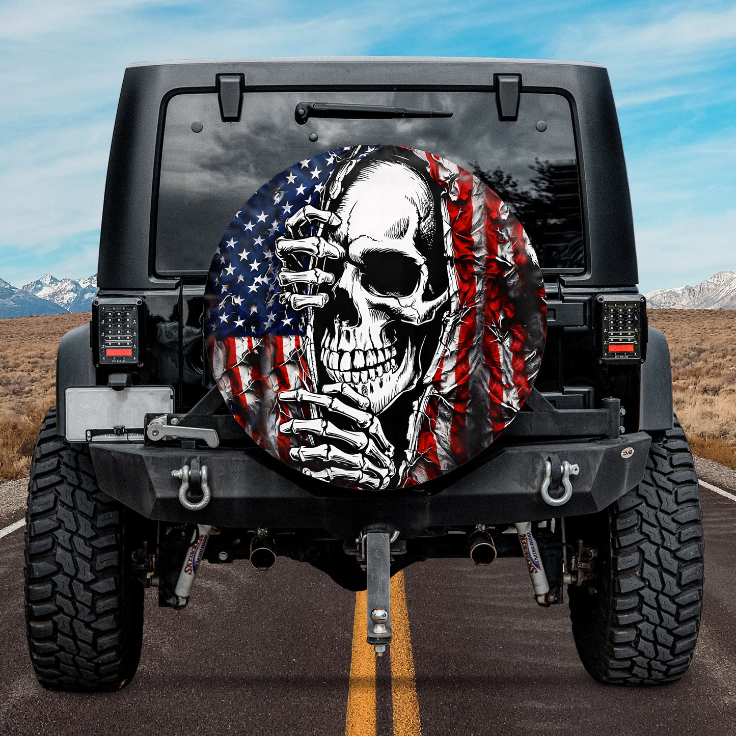 Creepy Skeleton Breaking Through Wall Flag Spare Tire Cover