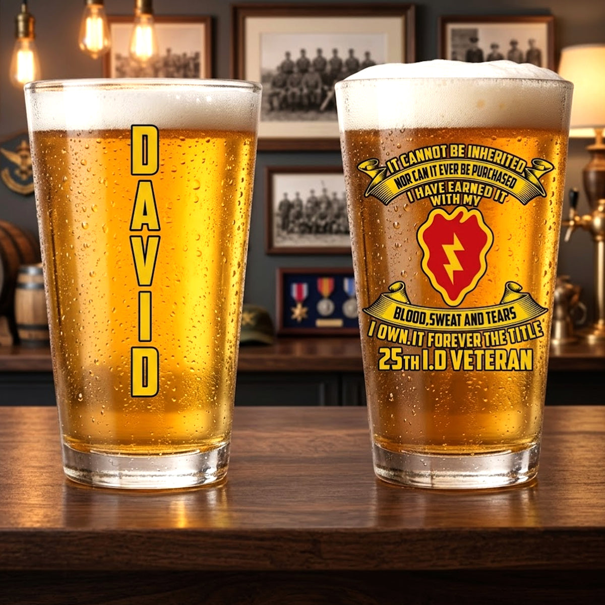 Custom Name 25th Infantry Division Veteran 16oz Beer Glass