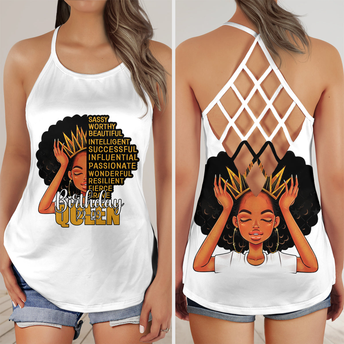 Custom Birthday Month Queen African American Woman AOP Criss Cross Open Back Tank Top