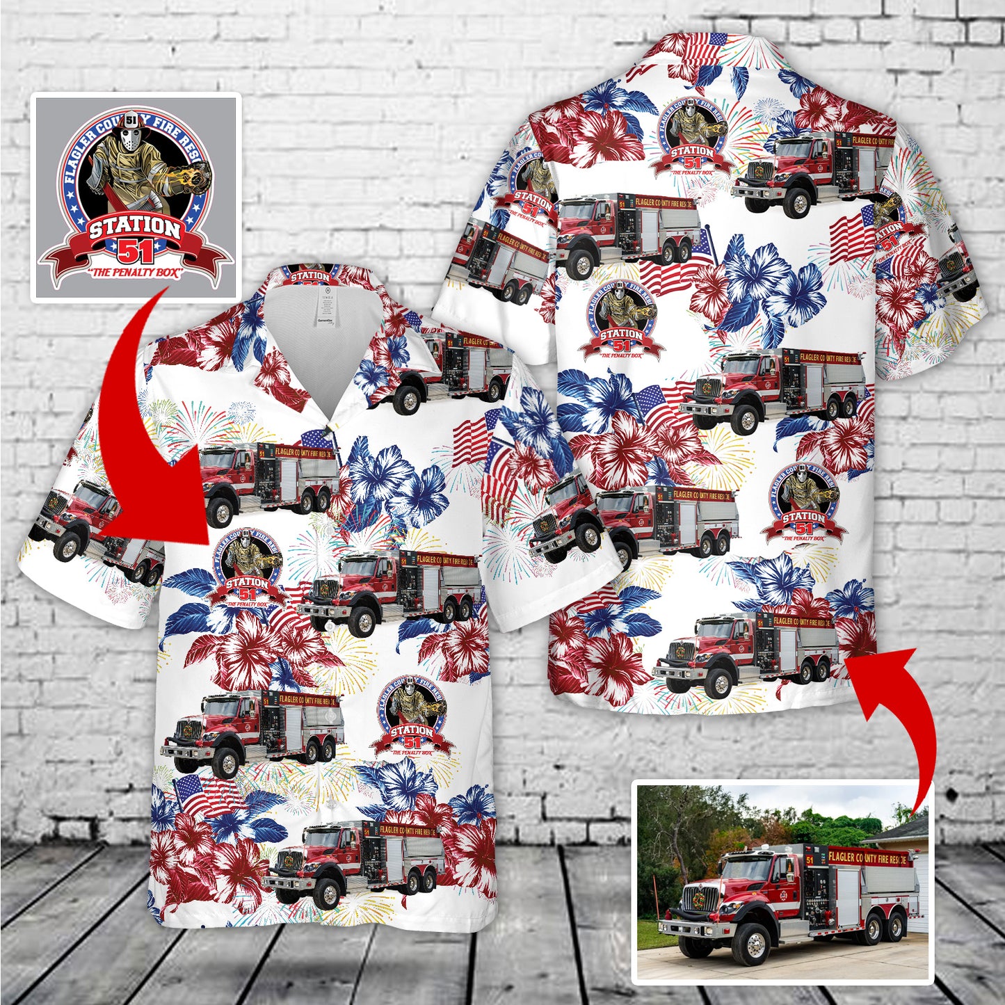 Custom Logo & Fire Truck Firefighter, 4th Of July Hawaiian Shirt NLMP1604PT09