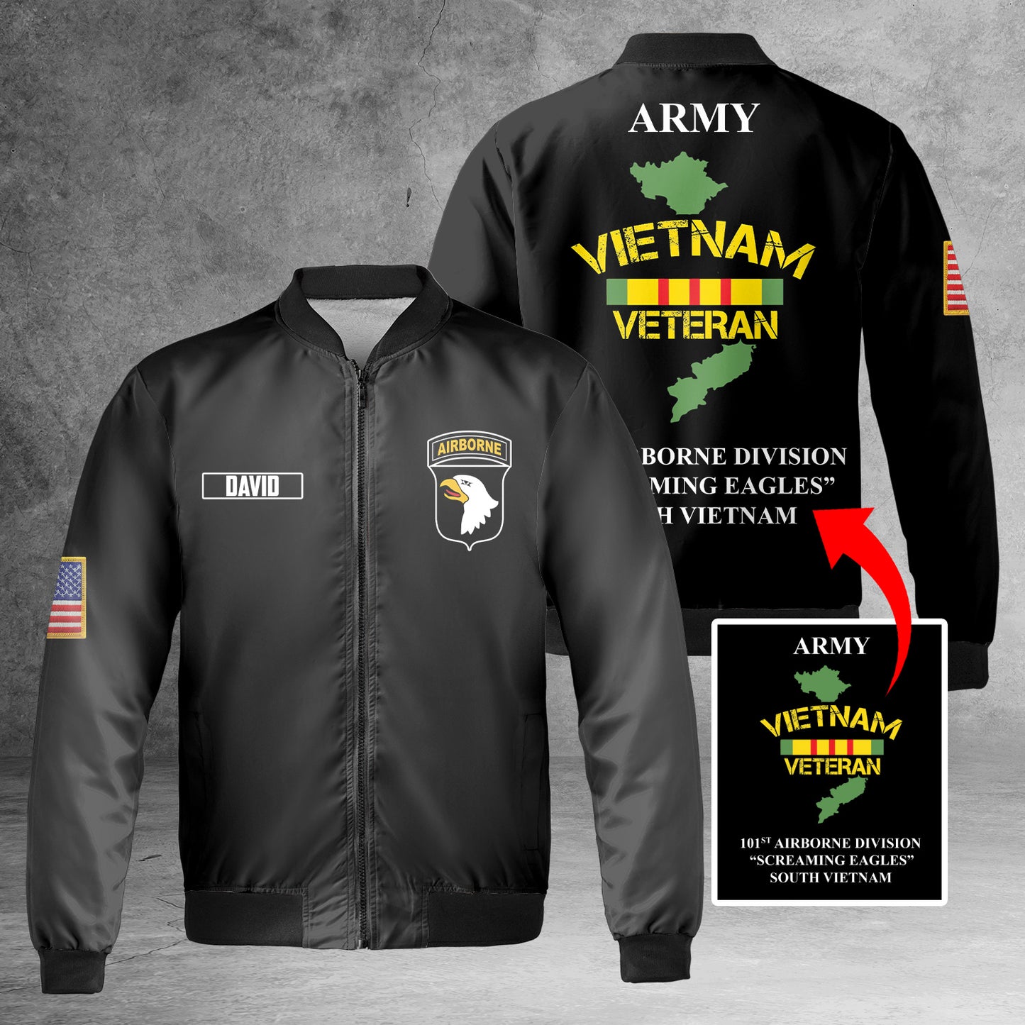 Custom Name 101st Airborne Division "Screaming Eagles" ARMY Vietnam Veteran South Vietnam AOP Fleece Bomber Jacket