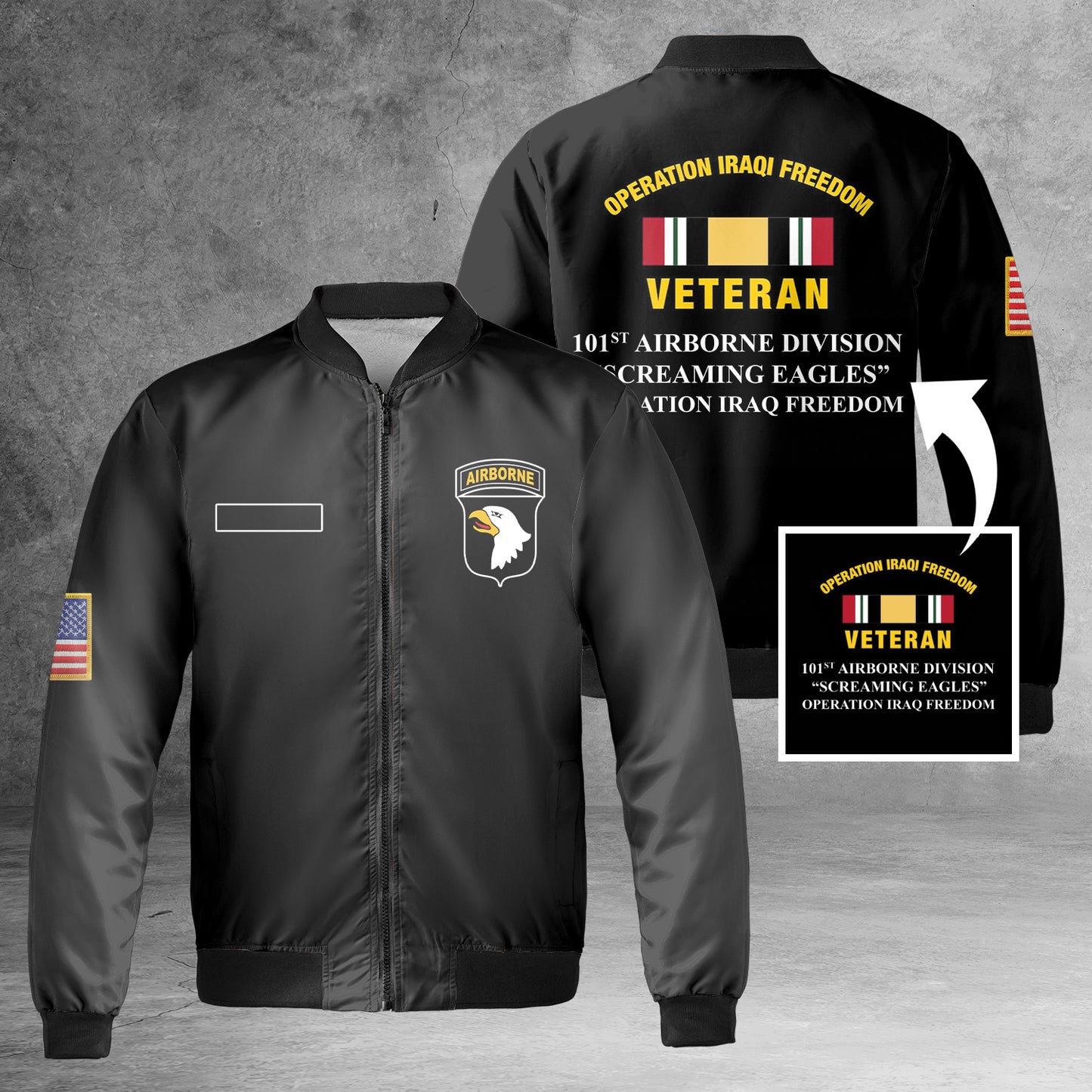 Custom Name 101st Airborne Division "Screaming Eagles" Operation Iraq Freedom Veteran AOP Fleece Bomber Jacket