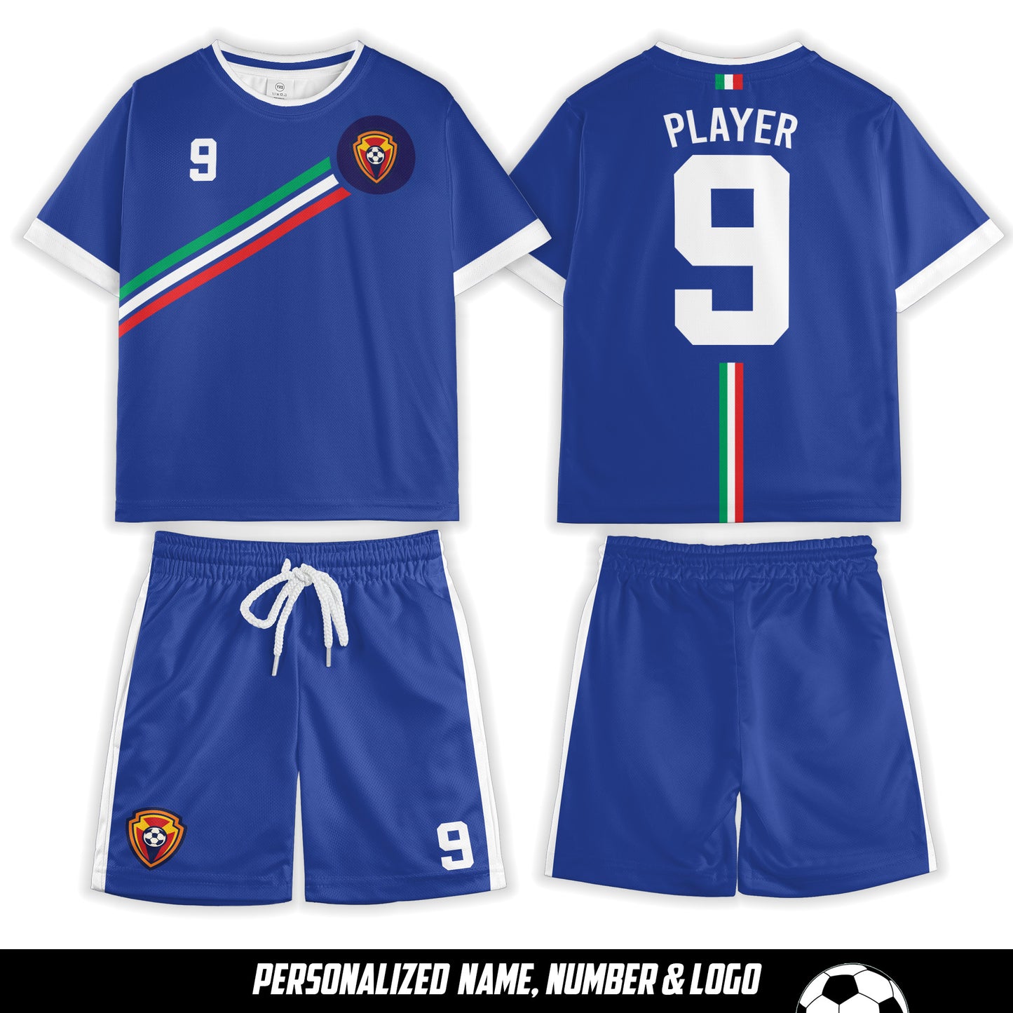 Custom Name, Number And Logo Italy AOP Youth Soccer Jersey Set