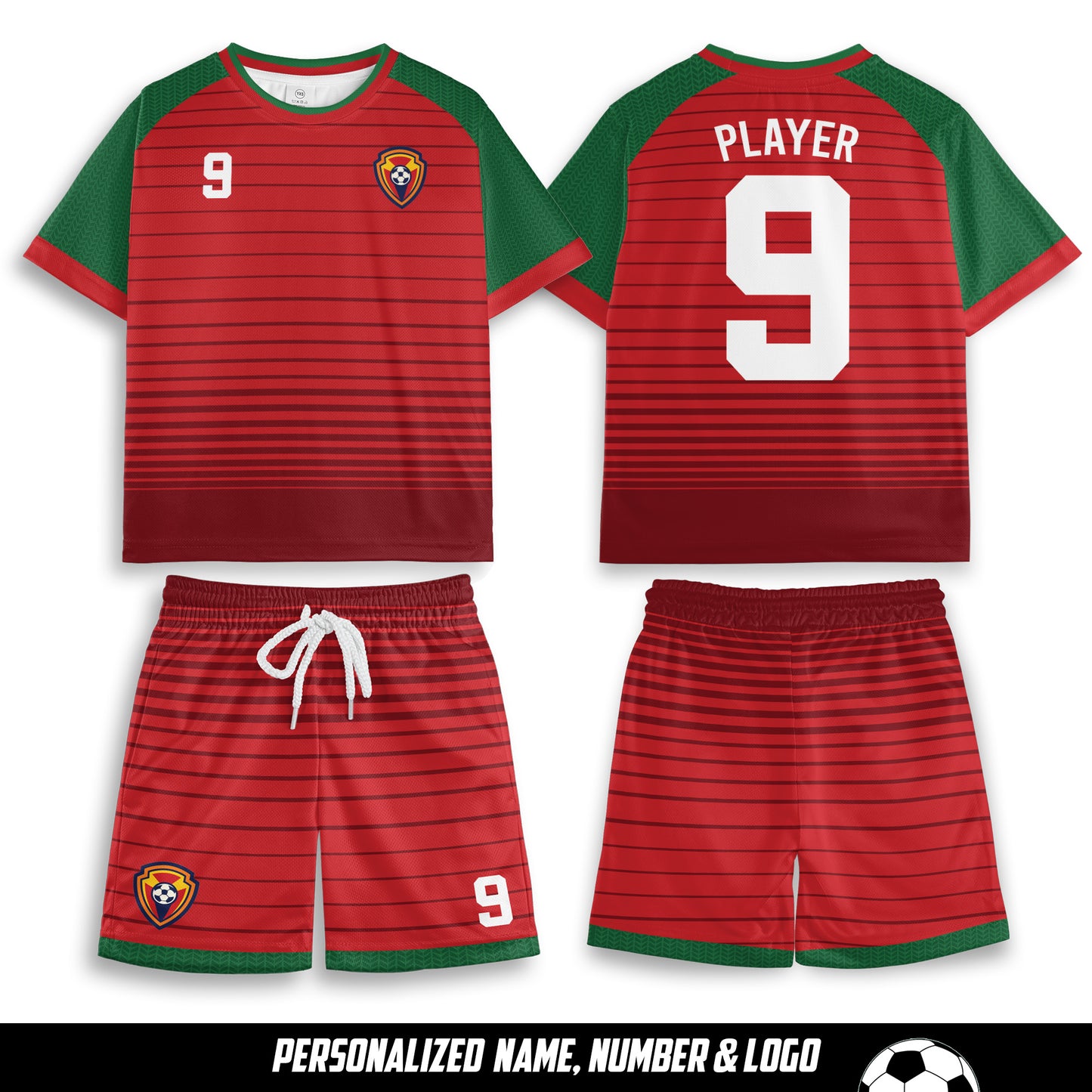 Custom Name, Number And Logo Portugal AOP Youth Soccer Jersey Set
