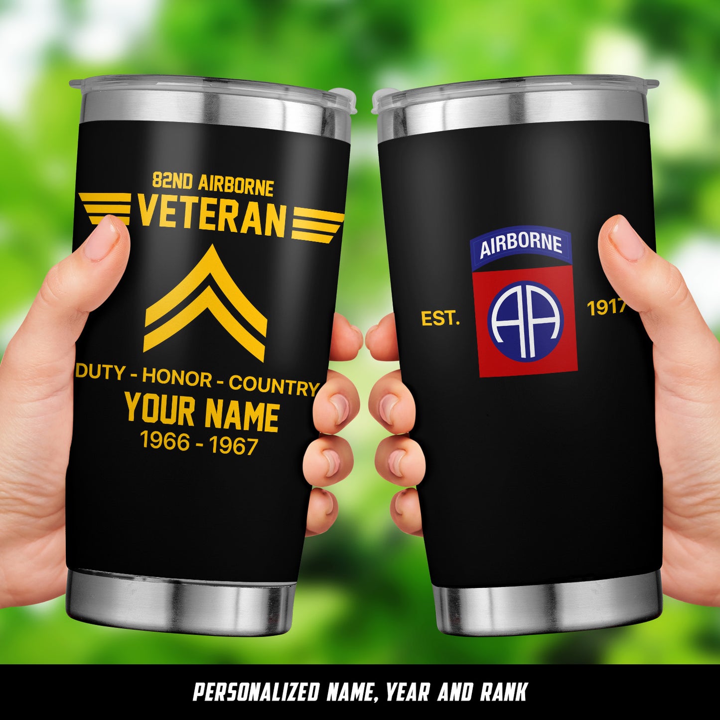 Custom Name, Year And Rank US Army 82nd Airborne Division Veteran Duty Honor Country Tumbler 20oz