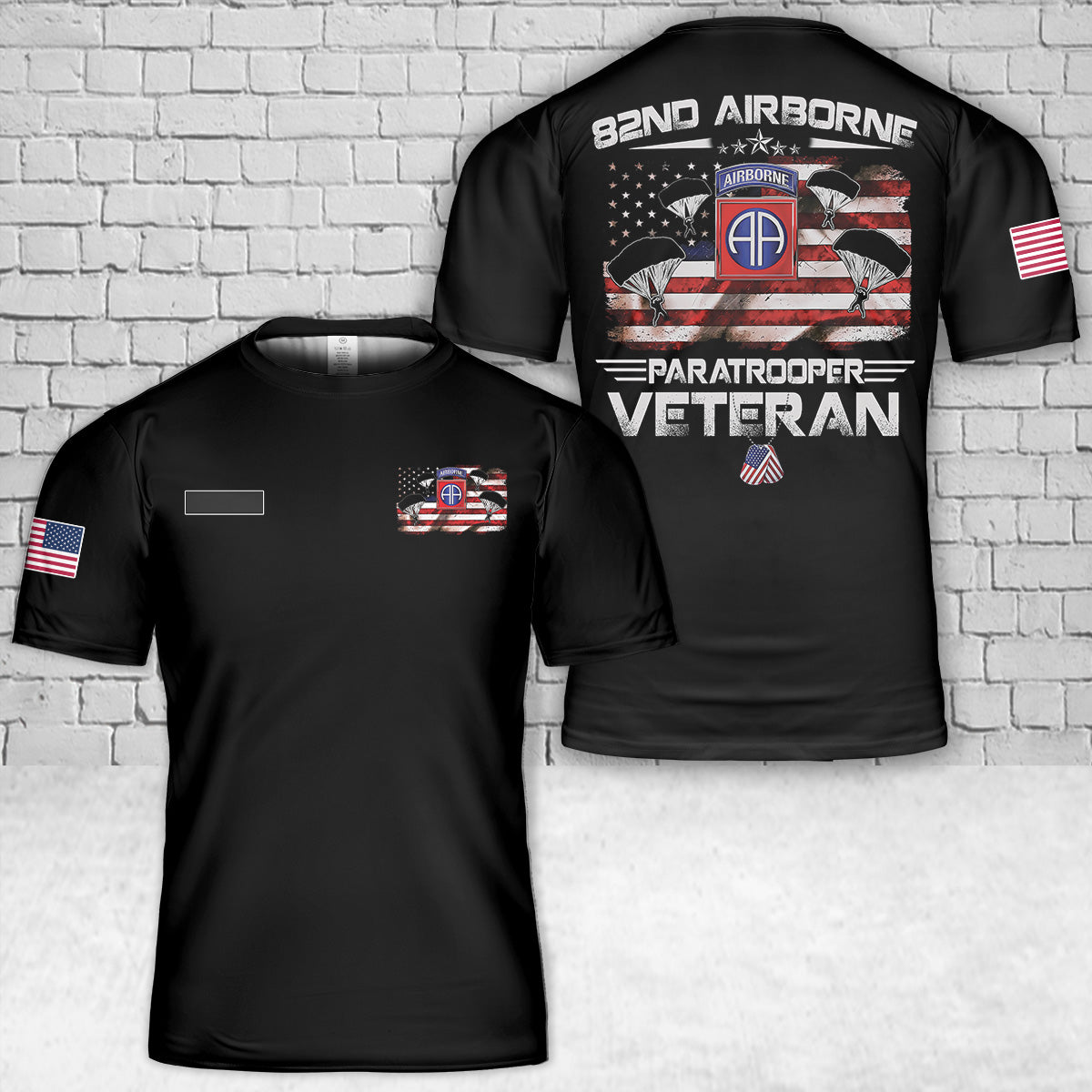 Custom Name US Army 82nd Airborne Paratrooper Veteran Flag, Veterans Day T-Shirt 3D