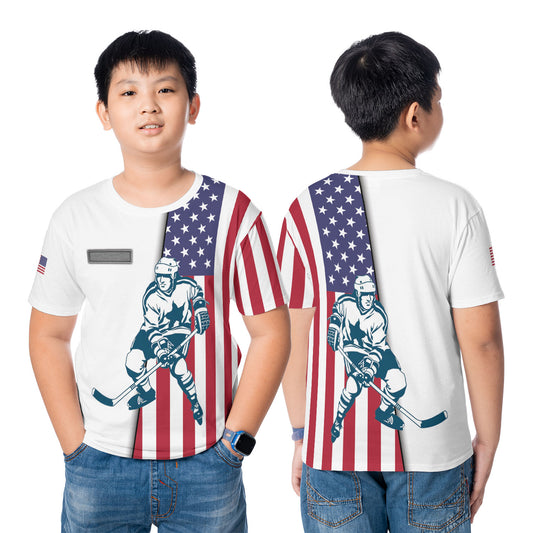 Custom Name And Image Ice Hockey American Flag AOP Kids and Youth T-shirt